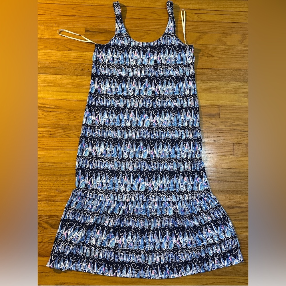 Lilly Pulitzer Medium Midi in ‘Low Tide Navy Sails and Stripes’ tall ruffle hem.